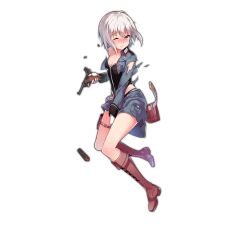 Rule 34 | 1girl, black panties, blush, boots, brown eyes, brown footwear, covering privates, covering crotch, damaged, defeat, fangdan runiu, full body, girls&#039; frontline, gloves, gun, handgun, highleg, highleg panties, holding, holding gun, holding weapon, knee boots, looking at viewer, luger p08, official art, p08 (girls&#039; frontline), panties, short hair, skirt, solo, thigh strap, torn clothes, torn skirt, transparent background, underwear, weapon, white hair