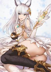 Rule 34 | 10s, 1girl, akai kagerou, animal ears, ankle boots, arm support, asymmetrical legwear, backless dress, backless outfit, bed sheet, blue eyes, blunt bangs, boots, dress, elbow gloves, erune, fingerless gloves, fur collar, gloves, granblue fantasy, korwa, looking to the side, lying, mismatched legwear, on side, open mouth, panties, pantyshot, quill, revealing clothes, sidelocks, silver hair, smile, solo, teeth, thighhighs, thighs, underwear