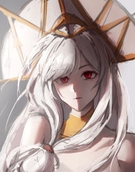 Rule 34 | 1girl, arknights, bare shoulders, closed mouth, detached collar, front ponytail, grey background, grey hair, highres, long hair, official alternate costume, red eyes, skadi (arknights), skadi the corrupting heart (arknights), skadi the corrupting heart (sublimation) (arknights), sketch, the other lilac, two-tone background, upper body, white background
