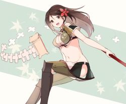 Rule 34 | 1girl, amagi (kancolle), asymmetrical hair, breasts, brown eyes, brown hair, cleavage, cleavage cutout, clothing cutout, flower, green background, groin, hair flower, hair ornament, japanese clothes, kantai collection, leaf, leaf hair ornament, long hair, looking at viewer, maple leaf, microskirt, mole, mole under eye, navel, onmyouji, open mouth, pleated skirt, ponytail, shakemi (sake mgmgmg), sidelocks, skirt, smile, solo, stomach, thighhighs
