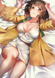 Rule 34 | 10s, 1girl, absurdres, arms up, blurry, blush, breasts, brown eyes, brown hair, covered erect nipples, depth of field, eyebrows, from above, highres, hiryuu (kancolle), japanese clothes, kantai collection, kimono, looking at viewer, lying, on back, on bed, open clothes, panties, pantyshot, parted lips, pg (pgouwoderen), sash, short hair, solo, underwear, white panties, yellow eyes