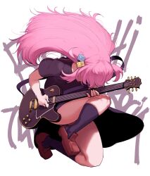 Rule 34 | 1girl, black skirt, bocchi the rock!, brown footwear, commentary, cube hair ornament, electric guitar, english commentary, full body, gibson les paul, gotoh hitori, guitar, hair ornament, hair over face, headbanging, highres, holding, holding instrument, instrument, jumping, krekkov, loafers, long hair, long skirt, messy hair, motion blur, music, playing instrument, revision, school uniform, shimokitazawa high school uniform, shoes, skirt, socks, solo, two side up
