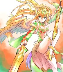 Rule 34 | 1girl, ahoge, anklet, breasts, chinese clothes, cleavage, cleavage cutout, clothing cutout, dual wielding, earrings, feathered wings, fighting stance, forehead protector, green eyes, high heels, highres, holding, ishiyumi, jewelry, leg up, leilan (p&amp;d), long hair, looking at viewer, medium breasts, orange hair, puzzle &amp; dragons, solo, standing, standing on one leg, sword, thigh strap, twintails, very long hair, weapon, wind, wings
