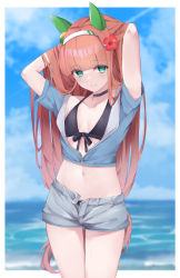 Rule 34 | 1girl, animal ears, arms up, bikini, bikini under clothes, black bikini, blue jacket, blurry, blurry background, breasts, breasts apart, choker, closed mouth, collarbone, cropped jacket, ear covers, flower, green eyes, groin, hair flower, hair ornament, hairband, hand in own hair, hibiscus, highres, hojiro same, horse ears, jacket, long hair, looking at viewer, midriff, navel, ocean, orange eyes, partially unzipped, short sleeves, shorts, silence suzuka (umamusume), simple background, sketch, small breasts, solo, swimsuit, umamusume, white background, white shorts