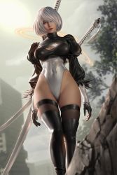 Rule 34 | 1girl, 2b (nier:automata), absurdres, black dress, black thighhighs, blue eyes, boots, cleavage cutout, clothing cutout, cloud.d, curvy, dress, feather-trimmed sleeves, gloves, grey hair, highleg, highleg leotard, highres, juliet sleeves, katana, leather, leather boots, leotard, long sleeves, looking at viewer, narrow waist, nier:automata, nier (series), no blindfold, puffy sleeves, shiny skin, skindentation, solo, sword, thighhighs, thighhighs under boots, thong leotard, virtuous contract, weapon, white hair, white leotard, wide hips