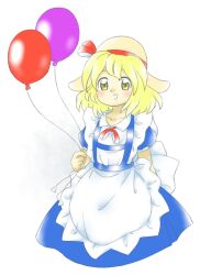 Rule 34 | 1girl, :d, apron, arm behind back, balloon, blonde hair, blue dress, dress, hat, hat ribbon, holding, holding balloon, kana anaberal, medium hair, neck ribbon, nonamejd, official style, open mouth, puffy short sleeves, puffy sleeves, red ribbon, ribbon, short sleeves, simple background, smile, solo, touhou, touhou (pc-98), white apron, white background, yellow eyes, zun (style)