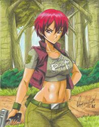 Rule 34 | 1girl, 2021, artist name, belt, breasts, brown vest, bush, closed mouth, clothes writing, collarbone, cowboy shot, female focus, forest, grass, green pants, green tank top, green wristband, gun, hand on own hip, highres, holding, holding gun, holding weapon, large breasts, medium breasts, metal slug, metal slug advance, midriff, nature, navel, outdoors, pants, ravernclouk design, red eyes, red hair, road, short hair, short sleeves, snk, solo, standing, tank top, traditional media, tree, tyra elson, v-shaped eyebrows, vest, weapon, wristband
