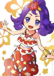 Rule 34 | 1girl, :d, acerola (pokemon), acerola (sygna suit) (pokemon), arutarika (ri kaoekaki), bare shoulders, blue eyes, blurry, bracelet, commentary request, creatures (company), flipped hair, flower, game freak, hair flower, hair ornament, highres, jewelry, looking at viewer, medium hair, navel, necklace, nintendo, official alternate costume, open mouth, pokemon, pokemon masters ex, purple hair, red flower, red skirt, shirt, skirt, smile, solo, strapless, strapless shirt, topknot, white shirt