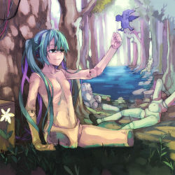 Rule 34 | 1girl, aqua hair, bad id, bad pixiv id, bird, doll, doll joints, flower, green eyes, hatsune miku, joints, kno1, long hair, nude, smile, tree, twintails, vocaloid