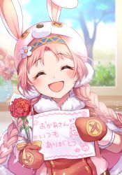 Rule 34 | 1girl, ^ ^, animal hat, braid, buttons, closed eyes, drawing, flower, hat, highres, holding drawing, long hair, mimi (princess connect!), mittens, paper, pink hair, princess connect!, rabbit hat, red mittens, rokico, rose, smile, solo, twin braids, window