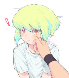 Rule 34 | !, 2boys, :t, androgynous, annoyed, artist name, blush, commentary request, frown, galo thymos, green hair, hand on another&#039;s cheek, hand on another&#039;s face, hand on another&#039;s head, highres, kome 1022, light frown, lio fotia, looking at viewer, male focus, multicolored eyes, multiple boys, orange eyes, pink eyes, pov, promare, shirt, short hair, sidelocks, simple background, t-shirt, upper body, white background, white shirt, wristband