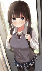 Rule 34 | 1girl, :o, absurdres, akagikou, backpack, bag, black pantyhose, blue skirt, blurry, blurry background, blush, brown hair, collared shirt, commentary request, door, grey eyes, grey vest, highres, long sleeves, looking at viewer, necktie, original, pantyhose, parted lips, plaid, plaid skirt, pleated skirt, school uniform, shirt, short hair, skirt, solo, standing, train interior, vest, white shirt, window