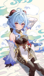 Rule 34 | 1girl, ahoge, bare shoulders, bell, black gloves, blue hair, blush, bodystocking, breasts, chibi vanille, commentary, detached sleeves, english commentary, ganyu (genshin impact), genshin impact, gloves, goat horns, gold trim, highres, horns, long hair, looking at viewer, medium breasts, neck bell, pantyhose, purple eyes, sheep, sidelocks, sitting, solo, white sleeves