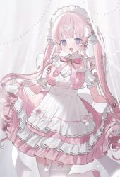 Rule 34 | 1girl, :d, apron, bow, bowtie, clothing cutout, commentary request, commission, cowboy shot, curtains, dress, flower, frilled apron, frilled dress, frills, gem, gloves, hair bow, heart, highres, himeno aimu, indie virtual youtuber, layered dress, long hair, looking at viewer, maid, maid headdress, no pupils, open mouth, pearl (gemstone), pink bow, pink bowtie, pink dress, pink flower, pink hair, pink rose, puffy short sleeves, puffy sleeves, purple eyes, ribbon, rose, short sleeves, skeb commission, skirt hold, smile, solo, standing, thighhighs, twintails, very long hair, virtual youtuber, waist apron, watermark, white apron, white bow, white gloves, white ribbon, white thighhighs, youichi (45 01)