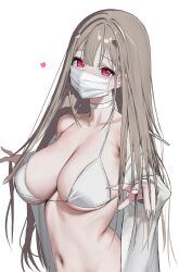 1girl absurdres bra breasts choker cleavage commentary dore_(gilles_dore) goddess_of_victory:_nikke grey_choker grey_hair hands_up highres jacket large_breasts long_hair looking_at_viewer mask midriff mouth_mask navel open_clothes open_jacket pink_eyes simple_background solo_focus symbol-only_commentary underwear upper_body viper_(nikke) white_background white_bra white_jacket