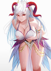 Rule 34 | 1girl, absurdres, alfa (alpharig), alternate costume, armlet, bare shoulders, bikini, bikini top lift, bikini top only, blue hair, breast hold, breasts, breasts squeezed together, clothes lift, commission, commissioner upload, curled horns, fire emblem, fire emblem heroes, flower, freyja (fire emblem), goat horns, grin, hair ornament, highres, horns, huge filesize, large breasts, leaning forward, long hair, looking at viewer, mega milk, multicolored hair, navel, nintendo, open mouth, pelvic curtain, red eyes, red horns, silver hair, smile, solo, swimsuit, thighs, white bikini
