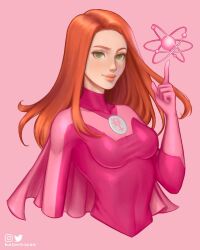 Rule 34 | 1girl, artist name, atom, atom eve, breasts, cape, clayton richman, covered navel, cropped torso, green eyes, highres, index finger raised, instagram logo, invincible (series), long hair, looking at viewer, medium breasts, orange hair, pink background, pink cape, pink theme, shadow, simple background, smile, solo, superhero costume, taut clothes, twitter logo