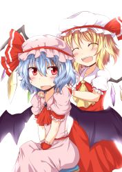 Rule 34 | 2girls, absurdres, ascot, bat wings, blonde hair, blue hair, blush, brooch, chata maru (irori sabou), closed eyes, fang, fangs, female focus, flandre scarlet, hat, hat ribbon, highres, jewelry, multiple girls, red eyes, remilia scarlet, ribbon, short hair, siblings, side ponytail, sisters, touhou, wings, wrist cuffs