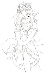 Rule 34 | 1boy, :3, animal ears, animal nose, barefoot, bed sheet, blush, body fur, closed mouth, collarbone, dog boy, dog ears, dog tail, dress, ears down, feet, flower, furry, furry male, greyscale, hair between eyes, hair flower, hair ornament, hair ribbon, half-closed eyes, happy, headpiece, highres, holding own arm, kame (3t), knee up, legs, lineart, long dress, looking at viewer, male focus, monochrome, original, ribbon, short hair, short sleeves, simple background, sitting, smile, snout, solo, spot color, tail, thighs, tiara, trap, white background