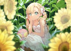 Rule 34 | 1girl, agnamore, bad id, bad pixiv id, bare arms, bare shoulders, blonde hair, blurry, blurry foreground, bow, closed mouth, day, depth of field, dress, field, flower, flower field, green eyes, hair bow, hand up, highres, long hair, looking at viewer, original, outdoors, sleeveless, sleeveless dress, smile, solo, squatting, sunflower, sunflower field, twintails, very long hair, white bow, white dress, yellow flower