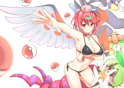 Rule 34 | 1girl, absurdres, arm under breasts, bare shoulders, bikini, black bikini, blush, breasts, chest jewel, cleavage, closed mouth, collarbone, creatures (company), crossover, daive, earrings, game freak, gen 4 pokemon, gen 7 pokemon, gen 8 pokemon, highres, jewelry, large breasts, legendary pokemon, looking at viewer, lycanroc, lycanroc (dusk), navel, nintendo, on head, poke ball, poke ball (basic), pokemon, pokemon (creature), pokemon on head, porygon-z, pyra (xenoblade), red eyes, red hair, short hair, sidelocks, simple background, smile, swept bangs, swimsuit, thighs, tiara, urshifu, wings, xenoblade chronicles (series), xenoblade chronicles 2