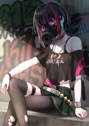Rule 34 | 1girl, absurdres, arm support, asymmetrical legwear, belt, black hair, bracelet, crossed legs, gas mask, graffiti, heaven burns red, highres, jewelry, looking at viewer, mask, midriff, mikoto fubuki, mismatched legwear, nail polish, nil (pixiv 53614557), off-shoulder shirt, off shoulder, pantyhose, pleated skirt, red eyes, red hair, shirt, short hair, short sleeves, single leg pantyhose, single thighhigh, sitting, skirt, solo, spaghetti strap, studded bracelet, studded choker, thighhighs, torn clothes, torn pantyhose, torn thighhighs