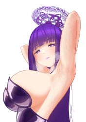 Rule 34 | 1girl, absurdres, armpits, arms behind head, arms up, breasts, breath, closed mouth, cut bangs, fern (sousou no frieren), half-closed eyes, halo, highres, huge breasts, leotard, lips, long hair, looking at viewer, mjoanf 1, playboy bunny, purple eyes, purple hair, purple lips, sideboob, simple background, sleeveless, solo, sousou no frieren, sweat, unitard, upper body, white background