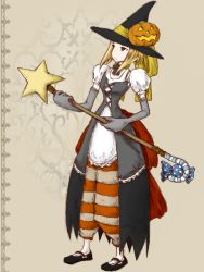 Rule 34 | 1girl, agga, black mage, black mage (fft), black mage (final fantasy), blonde hair, brown eyes, elbow gloves, female focus, final fantasy, final fantasy tactics, full body, gloves, halloween, hat, long hair, pumpkin, robe, solo, staff, witch hat