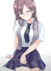 Rule 34 | 1girl, arm support, blue necktie, blue shirt, blue skirt, blush, breasts, brown hair, dot nose, glasses, grey-framed eyewear, grey eyes, highres, idolmaster, idolmaster cinderella girls, idolmaster cinderella girls starlight stage, large breasts, lips, long hair, looking at viewer, necktie, plaid, plaid skirt, pleated skirt, shirt, short sleeves, simple background, sitting, skirt, solo, unu (unucence), white background, yagami makino