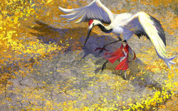 Rule 34 | 1boy, autumn leaves, bird, black hair, cape, crane (animal), dated, day, from above, leaf, looking up, male focus, motion blur, mugon, original, outdoors, shadow, size difference, standing, topknot, wind
