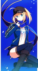 Rule 34 | 1girl, ahoge, artoria pendragon (fate), black footwear, blonde hair, blue background, blue eyes, boots, cross-laced footwear, fate/grand order, fate (series), fuyuki (neigedhiver), hat, highres, kneeling, lace-up boots, long hair, mysterious heroine x (fate), petals, ponytail, rojiura satsuki : chapter heroine sanctuary, saber (fate), scarf, simple background, solo, thighhighs