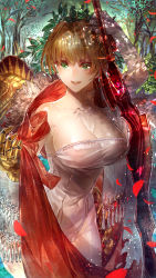 Rule 34 | 10s, 1girl, aestus estus, bare shoulders, blonde hair, braid, breasts, cleavage, collarbone, dress, elbow gloves, fate/extra, fate (series), french braid, fur trim, gauntlets, gloves, green eyes, hair intakes, head wreath, highres, large breasts, leotard, nero claudius (fate), nero claudius (fate) (all), nero claudius (fate/extra), outdoors, pauldrons, petals, red sash, rose petals, sash, shade, shoulder armor, signo aaa, single gauntlet, single glove, single pauldron, smile, solo, sword, thighs, tree, weapon, white gloves, white leotard