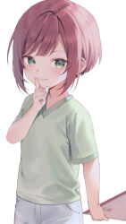 Rule 34 | 1girl, closed mouth, commentary request, finger to mouth, green eyes, green shirt, hand up, holding, looking at viewer, midorikawa you, mole, mole under eye, original, pants, red hair, shirt, short hair, short sleeves, shushing, sidelocks, simple background, smile, solo, standing, white background, white pants