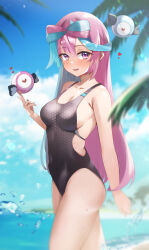 Rule 34 | 1girl, beach, bellibolt, black one-piece swimsuit, blue hair, blue sky, blurry, bow-shaped hair, breasts, cloud, covered navel, creatures (company), day, depth of field, game freak, gen 1 pokemon, hexagon print, highres, horizon, iono (pokemon), long hair, low-tied long hair, magnemite, medium breasts, multicolored hair, nintendo, nohohon neko, ocean, one-piece swimsuit, outdoors, pink eyes, pink hair, pokemon, pokemon (creature), pokemon sv, sky, solo, swimsuit, two-tone hair, very long hair