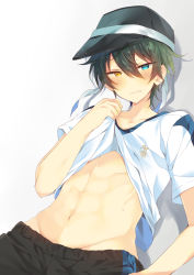 Rule 34 | 1boy, bad id, bad pixiv id, black hat, black shorts, blue eyes, blush, closed mouth, clothes lift, commentary, emblem, ensemble stars!, gradient background, green hair, hair between eyes, hat, heterochromia, highres, kagehira mika, lifting own clothes, light frown, looking at viewer, male focus, navel, shirt, shirt lift, short sleeves, shorts, solo, stomach, sweat, tsurime, upper body, uzuki asa, wavy mouth, white background, white shirt, yellow eyes