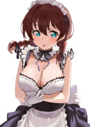Rule 34 | 1girl, :p, absurdres, alternate costume, apron, apron pull, arm under breasts, back bow, black choker, blue eyes, blush, bow, braid, breast hold, breasts, brown hair, choker, cleavage, clothes pull, commentary, detached collar, emma verde, enmaided, freckles, frilled apron, frilled shirt collar, frills, hair between eyes, high-waist skirt, highres, large bow, large breasts, looking at viewer, love live!, love live! nijigasaki high school idol club, low twin braids, low twintails, maid, maid headdress, medium hair, pisagi, red vest, shirt pull, simple background, skirt, solo, suspenders, tongue, tongue out, twin braids, twintails, underbust, vest, waist apron, white apron, white background