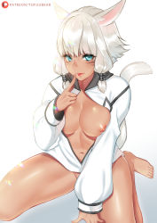 Rule 34 | 1girl, animal ears, barefoot, bottomless, breasts, cat ears, cat tail, dark-skinned female, dark skin, facial mark, feet, final fantasy, final fantasy xiv, finger to mouth, looking at viewer, medium breasts, navel, nipples, one breast out, open clothes, simple background, sitting, solo, stomach, tail, tofuubear, wariza, whisker markings, white background, y&#039;shtola rhul