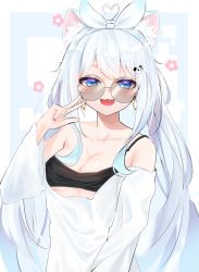 Rule 34 | 1girl, absurdres, ahoge, animal ear fluff, animal ears, blouse, blush, breasts, cleavage, collarbone, copyright request, glasses, hair ornament, hair ribbon, hand up, heart, heart ahoge, highres, kuki panda (wkdwnsgk13), long hair, looking at viewer, off shoulder, panda hair ornament, ribbon, round eyewear, shirt, silver hair, small breasts, solo, twintails, upper body, very long hair, w, white ribbon, white shirt
