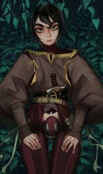 Rule 34 | 1girl, 1other, androgynous, belt, black hair, closed mouth, codpiece, dagger, fingernails, freckles, green eyes, highres, knife, long sleeves, looking at viewer, lying, mossacannibalis, on back, original, pants, puffy long sleeves, puffy sleeves, red pants, short hair, solo, weapon