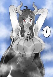 Rule 34 | !, 1girl, absurdres, ahoge, arms up, breasts, buttons, cape, collar, commentary, fukamichi ran&#039;ou, greyscale with colored background, highres, horns, large breasts, long hair, long sleeves, mask, mouth mask, one piece, red eyes, skirt, solo, speech bubble, standing, steam, sweat, ulti (one piece)