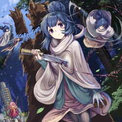 Rule 34 | 2girls, ahoge, axe, bear, blood, blue hair, blue sky, closed eyes, cloud, day, food, forest, hair bun, hatchet (axe), highres, hotpot, jumping, kagamihara nadeshiko, long hair, looking at viewer, monikano, motion lines, multiple girls, nature, outdoors, pinecone, pink hair, poncho, purple eyes, scarf, serious, shima rin, sky, slashing, smile, suitcase, too much food, tree, vegetable, winter clothes, yurucamp