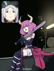 Rule 34 | 2girls, aura (sousou no frieren), aura bullying (meme), black gloves, black thighhighs, clothing cutout, crossed legs, crying, crying with eyes open, demon horns, elbow gloves, fan screaming at madison beer (meme), frieren, gloves, hair over shoulder, highres, holding, holding sword, holding weapon, horns, imminent suicide, inset, looking at viewer, meme, motion blur, multiple girls, navel cutout, parody, pink hair, sitting, sousou no frieren, sword, tears, tenten (chan4545), thighhighs, v-shaped eyebrows, weapon