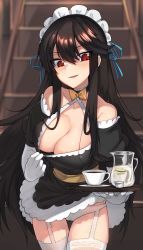 Rule 34 | 1girl, bare shoulders, black hair, breasts, cleavage, cowboy shot, criss-cross halter, cup, fate (series), garter straps, hair between eyes, halterneck, highres, holding, holding tray, k jin, koha-ace, large breasts, long hair, looking at viewer, maid, maid headdress, oda nobunaga (fate), oda nobunaga (koha-ace), open mouth, panties, parted lips, pitcher (container), red eyes, saucer, smile, solo, teacup, thighhighs, tray, tsurime, underwear, very long hair, white panties, white thighhighs