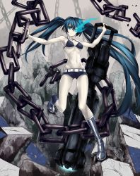 Rule 34 | 10s, 1girl, absurdres, armpits, bad id, bad pixiv id, bare shoulders, belt, bikini, bikini top only, black bikini, black hair, black rock shooter, black rock shooter (character), blue eyes, blue hair, boots, breasts, chain, glowing, glowing eye, gun, highres, huge weapon, knee boots, long hair, matching hair/eyes, md5 mismatch, midriff, navel, pale skin, scar, short shorts, shorts, solo, swimsuit, takabow, twintails, very long hair, weapon