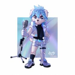 Rule 34 | 1boy, animal crossing, animal ears, animal hands, artist name, asymmetrical pants, black skirt, blue hair, commentary, dog boy, dog ears, dog tail, english commentary, furry, furry male, gloves, hand on own hip, highres, holding, holding microphone stand, jacket, jie bao dajiji, k.k. slider (animal crossing), looking at viewer, male focus, microphone stand, nintendo, pants, paw gloves, shorts, skirt, sparkle, tail, torn clothes, torn pants, white jacket, white shorts