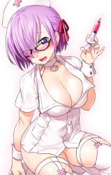 Rule 34 | 1girl, black-framed eyewear, blush, breasts, cleavage, collar, fate/grand order, fate (series), garter straps, hair over one eye, hat, kneeling, large breasts, looking at viewer, mash kyrielight, nose blush, nurse, nurse cap, onsoku inu, open mouth, purple eyes, purple hair, shirt, short hair, short sleeves, smile, solo, syringe, thigh strap, thighhighs, white shirt, white thighhighs, wrist cuffs