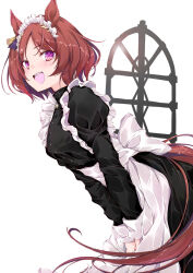 Rule 34 | 1girl, :d, alternate costume, animal ears, apron, black dress, bob cut, brown hair, commentary request, dress, enmaided, flower in eye, frilled apron, frills, from side, horse ears, horse girl, juliet sleeves, long sleeves, looking at viewer, looking to the side, maid, maid apron, maid headdress, open mouth, parted bangs, puffy sleeves, purple eyes, sakura laurel (umamusume), short hair, smile, solo, symbol in eye, umamusume, waist apron, white apron, yumesato makura