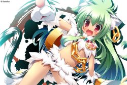 Rule 34 | 1girl, absurdres, animal ears, animal hands, cat ears, chain, earrings, fang, gloves, green hair, highres, huge filesize, jewelry, koihime musou, kuwada yuuki, long hair, midriff, moukaku, navel, open mouth, paw gloves, paw shoes, pointing, red eyes, shoes, smile, solo, staff, tail, very long hair, weapon