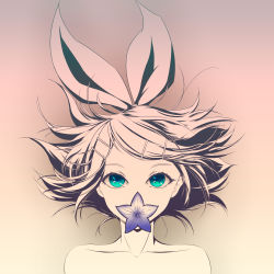 Rule 34 | 1girl, absurdres, aqua eyes, bare shoulders, bow, collarbone, covered mouth, female focus, floating hair, flower, flower in mouth, hair bow, hair ornament, hairclip, highres, kagamine rin, looking at viewer, monochrome, mouth hold, out-of-frame censoring, pink background, purple flower, shinku pack, short hair, solo, topless frame, vocaloid