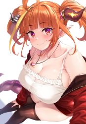 Rule 34 | 1girl, ahoge, bad id, bad pixiv id, bare shoulders, black thighhighs, blonde hair, blunt bangs, blush, bow, breasts, bright pupils, camisole, cleavage, collarbone, diagonal-striped bow, dragon girl, dragon horns, dragon tail, feet out of frame, frilled camisole, frills, hair intakes, hand on own knee, highres, hololive, horn bow, horn ornament, horns, jacket, jewelry, kiryu coco, kiryu coco (loungewear), large breasts, leaning forward, long sleeves, looking at viewer, medium hair, moisture (chichi), multicolored eyes, multicolored hair, off shoulder, official alternate costume, open clothes, open jacket, orange hair, partially unzipped, pendant, pointy ears, purple eyes, red eyes, red jacket, scales, see-through, sideboob, sidelocks, simple background, smile, solo, spaghetti strap, streaked hair, striped, striped bow, tail, thighhighs, track jacket, twintails, virtual youtuber, white background, white camisole, white pupils